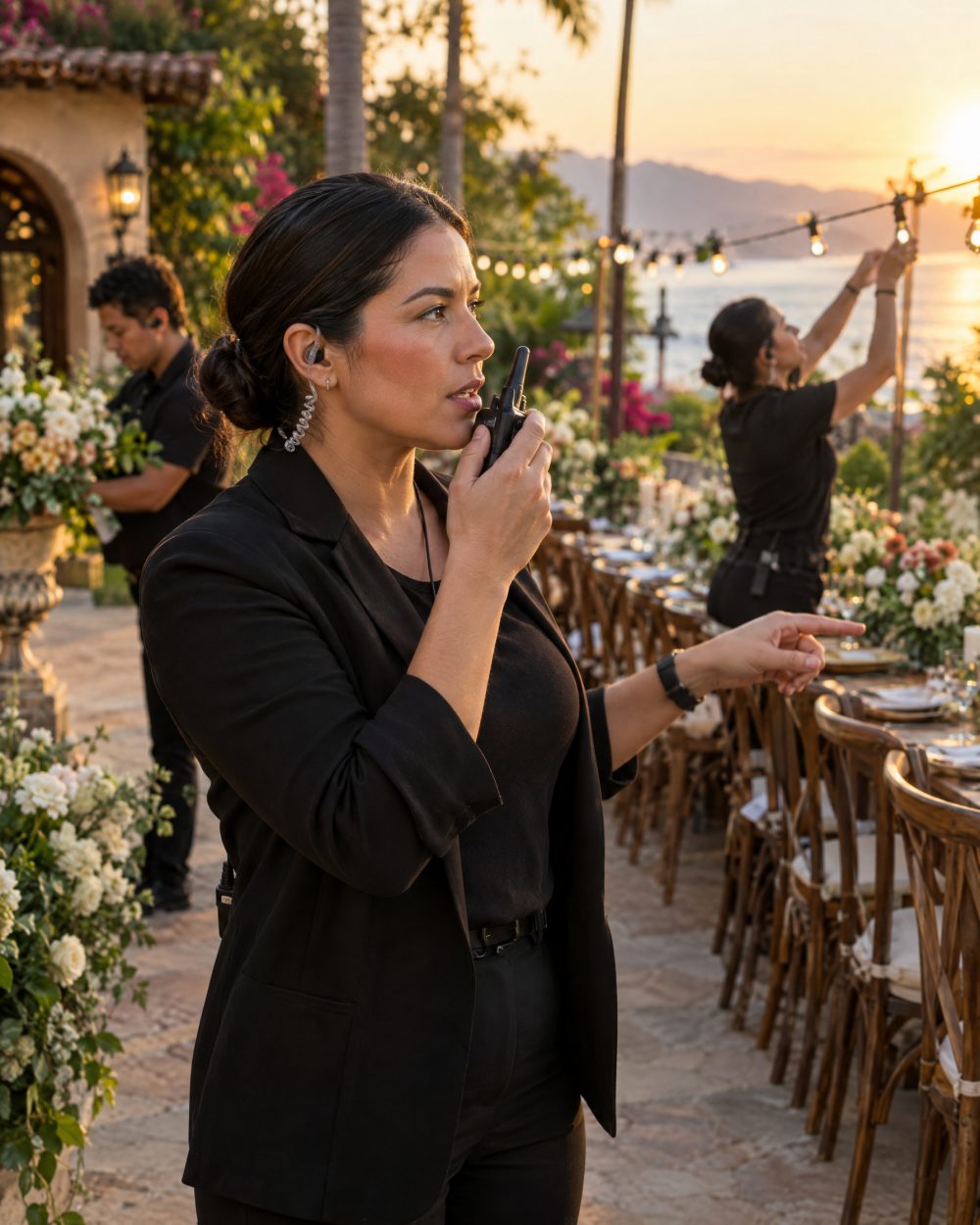 Wedding planner coordinando una boda con radio