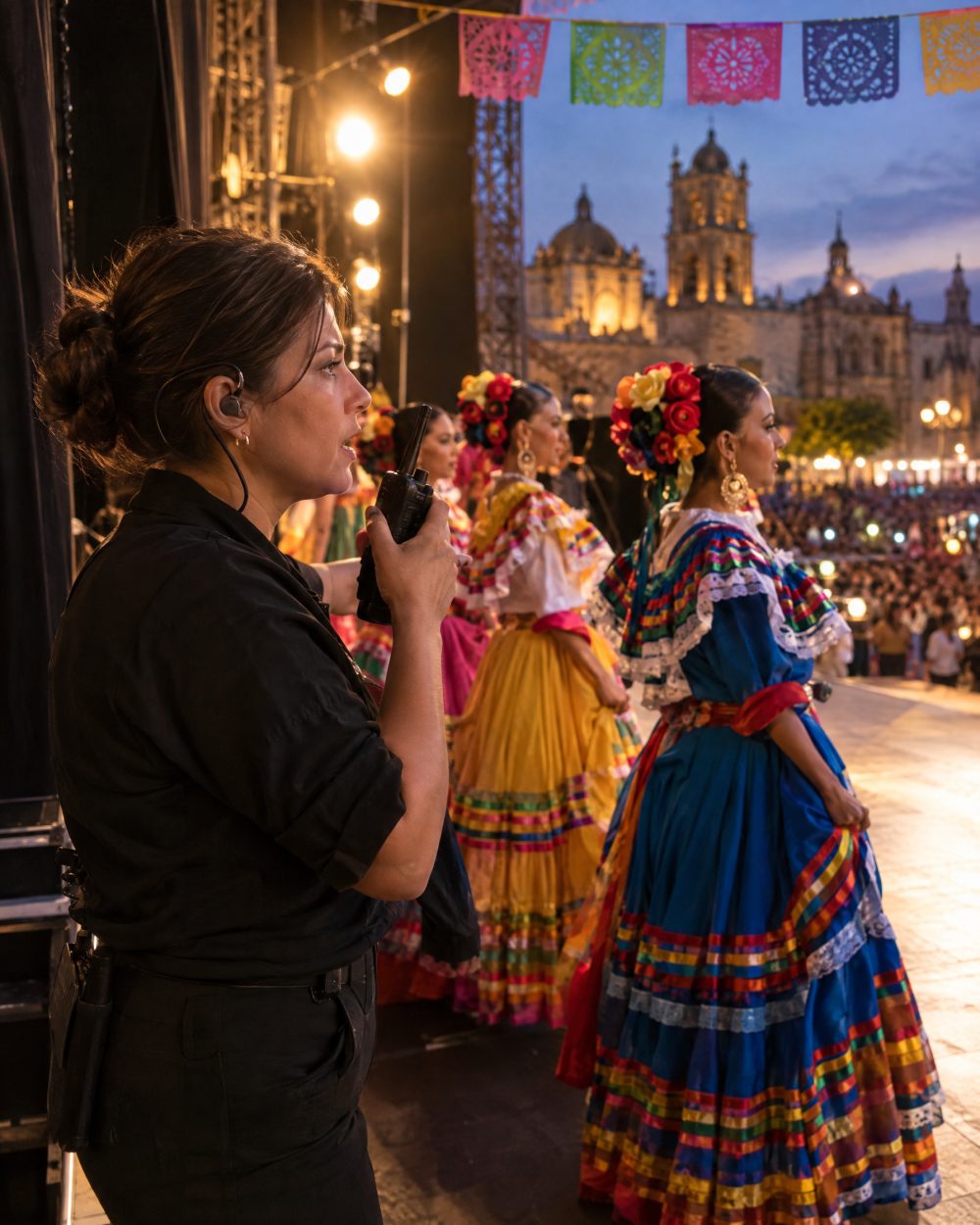 Coordinadora de escenario en un festival cultural con radio