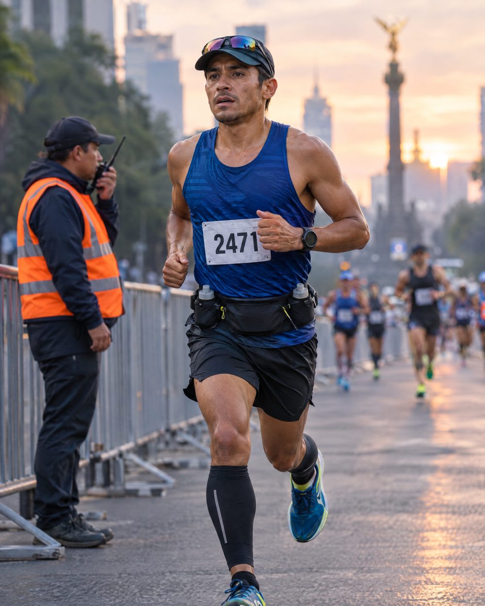 Corredor de maratón y staff de carrera con radio